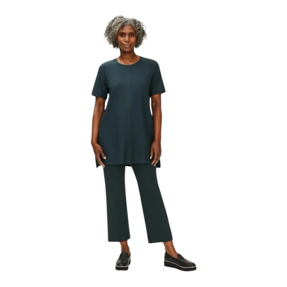 Eileen Fisher Lightweight Washable Stretch Crepe Crew Tunic Forest Night Large